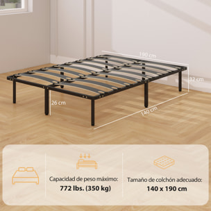 Somier 140x190 cm, Altura 26 cm, Estructura de Cama de Plataforma de Acero con Espacio de Almacenamiento Debajo y Láminas de Álamo, Fácil de Montar, Carga 350 kg, Negro