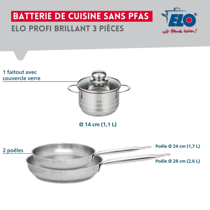 Ensemble de 2 Poêles de cuisson 24 et 28 cm et 1 faitout 14 cm Elo Profi Brillant