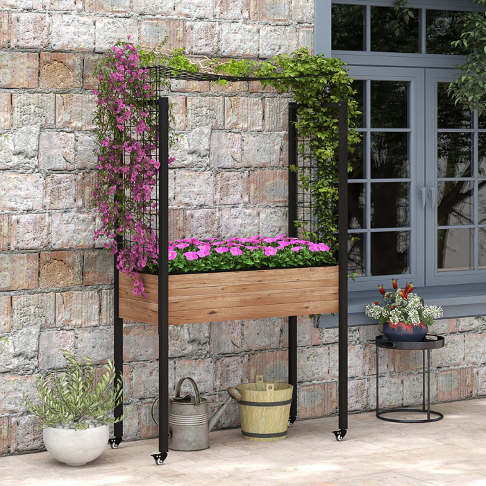 Outsunny Mesa de Cultivo con Ruedas Huerto Urbano Elevado con Enrejado Orificios de Drenaje para Plantas Trepadoras Flores Jardinera de Madera 110x49x190 cm Marrón