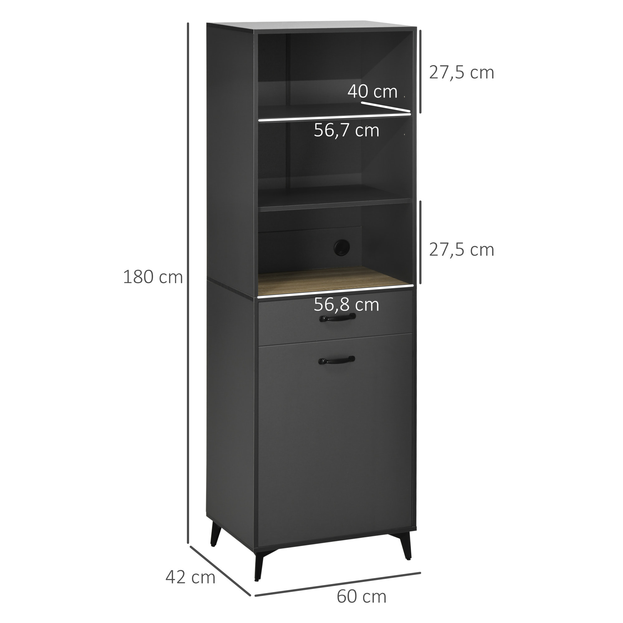 Buffet haut design industriel multi-rangement - porte avec étagère, tiroir, 3 niches - piètement métal noir MDF gris