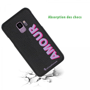 Coque Samsung Galaxy S9 effet cuir grainé noir Amour parme et fushia Design La Coque Francaise