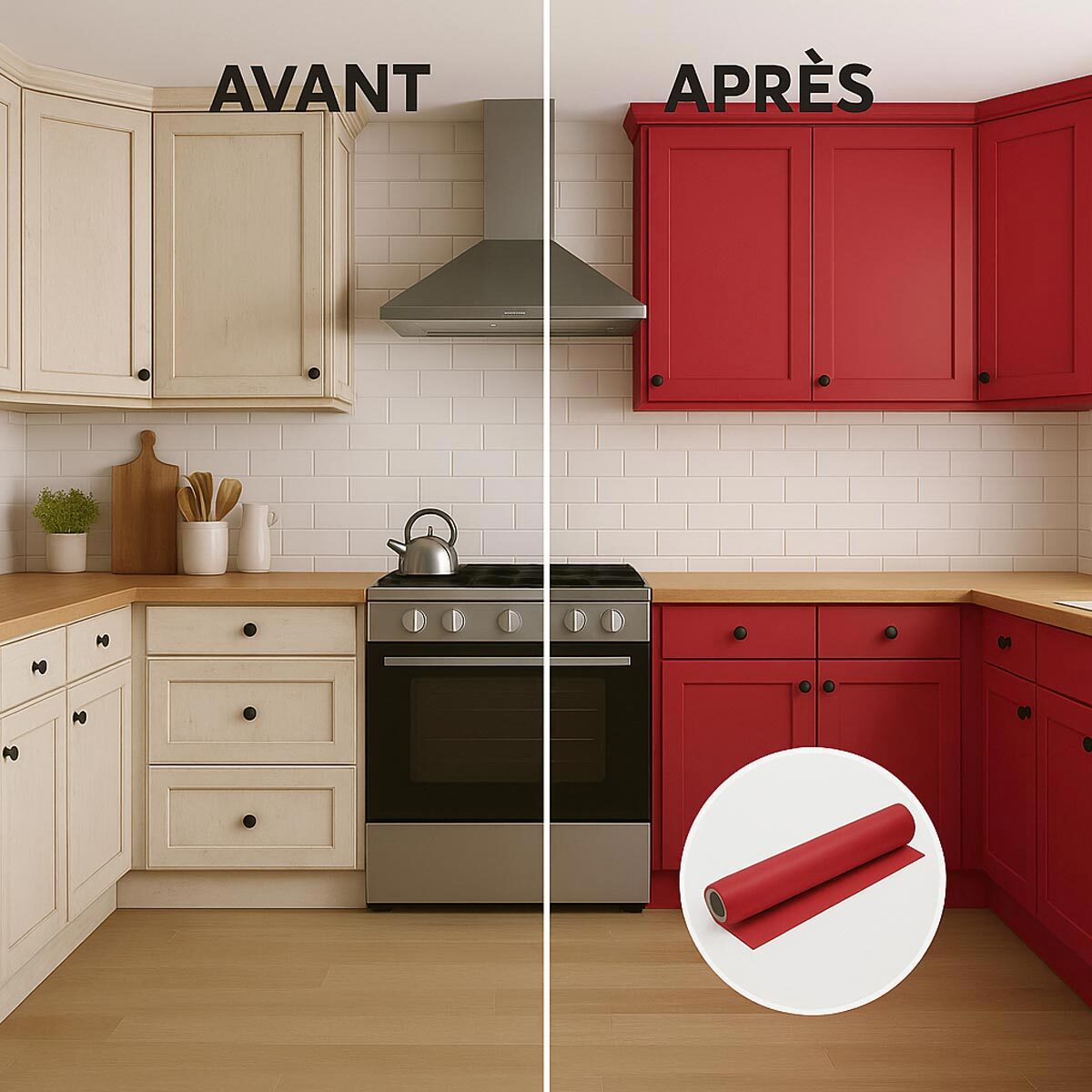 Rouleau adhésif décoratif Vinyle au Mètre - Rouge cerise - Sticker Lavable Imperméable Mur Cuisine Meubles