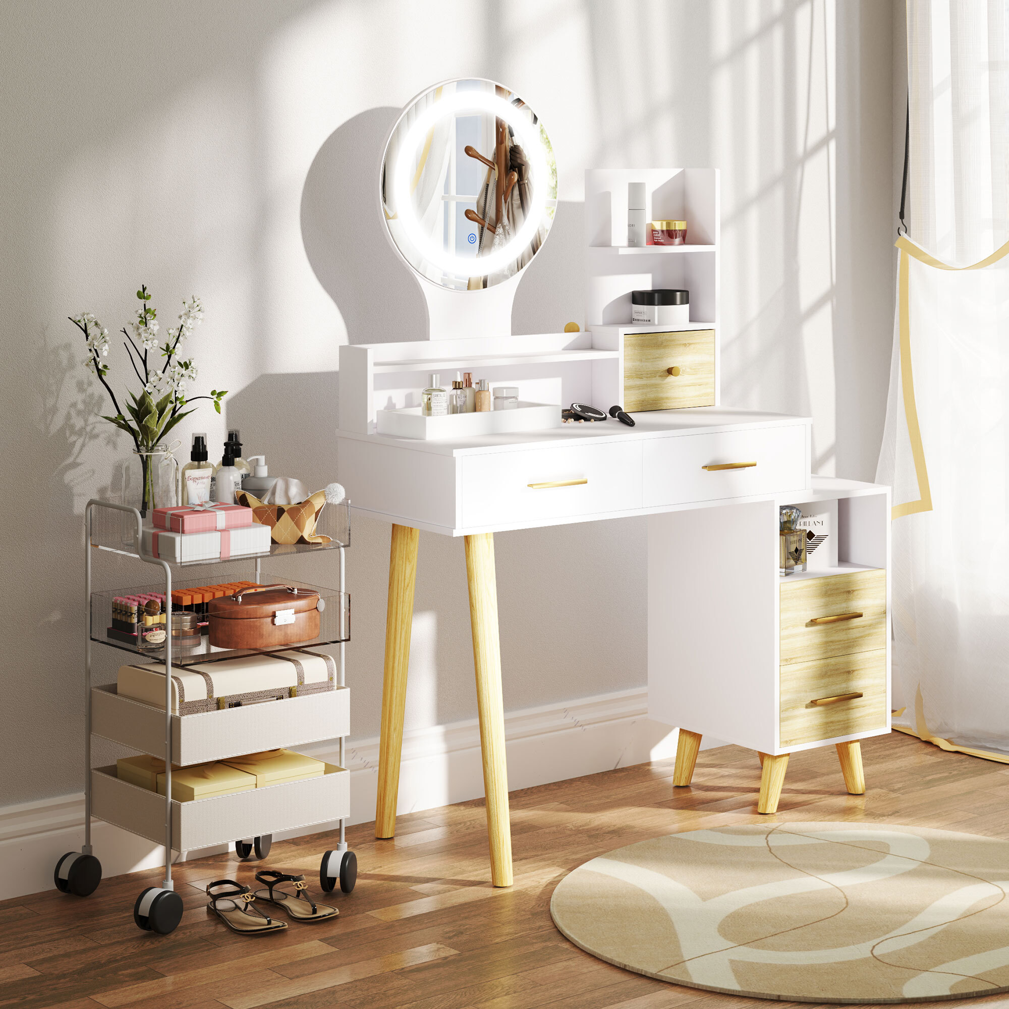 Tocador de Maquillaje con Espejo y Luces LED Mesa de Maquillaje con Iluminación Ajustable 5 Cajones y 4 Compartimentos Tocador para Dormitorio Salón Blanco