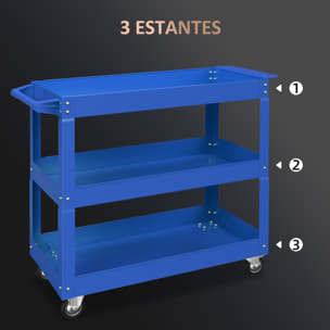 Carro de Herramientas con Ruedas Carro de Taller de Acero con 3 Estantes de Almacenamiento y Asa Lateral para Garaje Mecánico Hogar Carga 150 kg 83x35,3x76 cm Azul