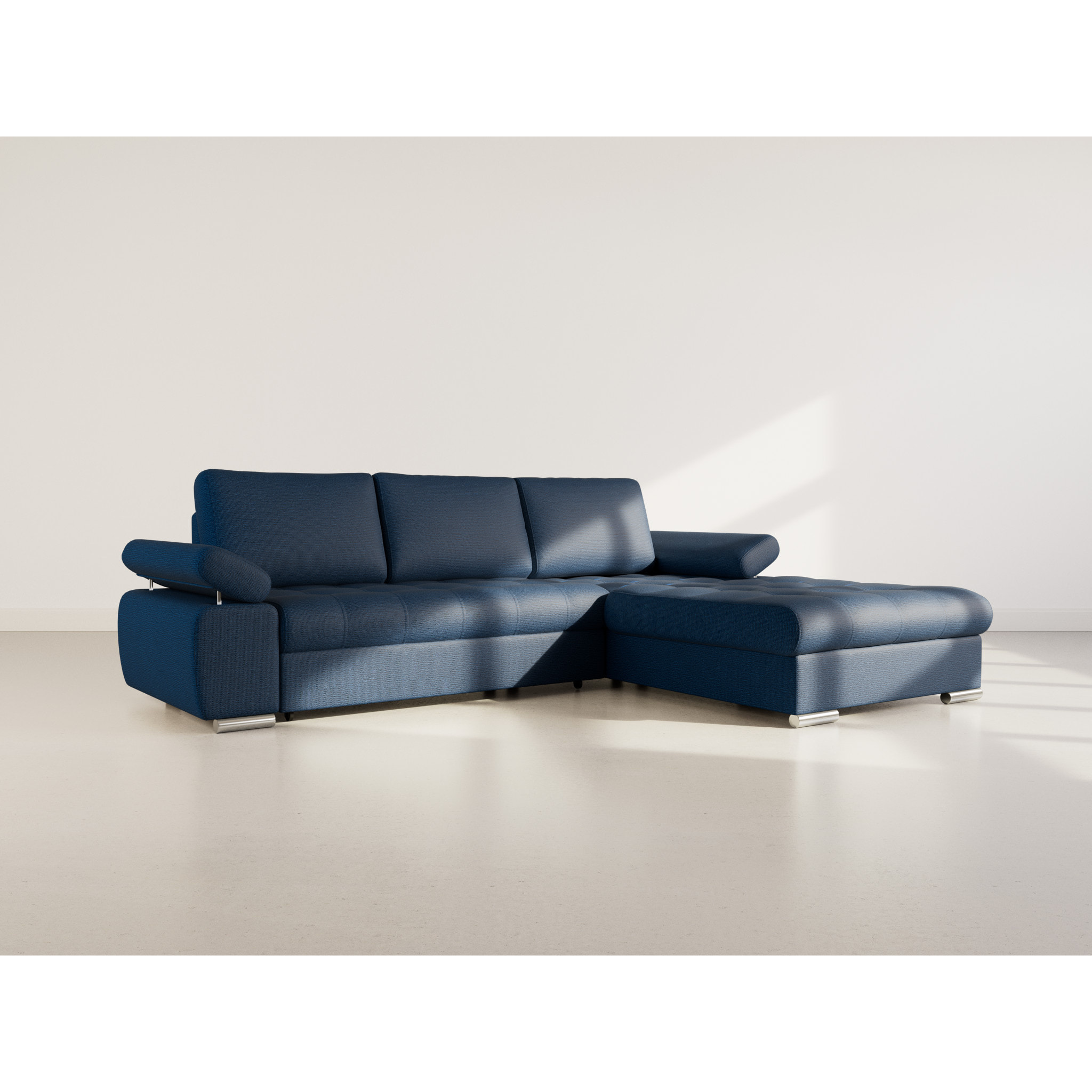 Bianca - Canapé d'angle droit 4 places convertible avec coffre en tissu texturé - Bleu marine