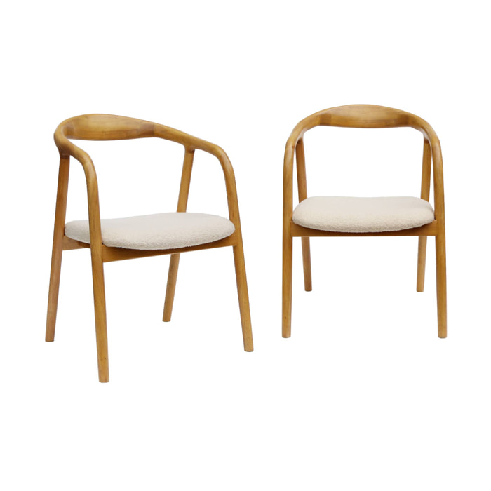 Lot de 2 fauteuils structure bois d'hévéa. assise bouclette teinte naturelle vintage. L 55 x P 57 x H 79cm