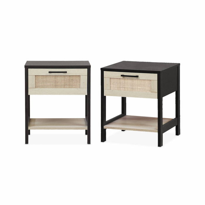 Lot de 2 tables de chevet. noir et cannage 40 x 40 x 48cm - Bianca - 1 tiroir. 1 étagère
