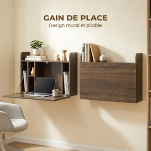 Bureau mural pliable - table murale rabattable - 5 niches, étagère - effet bois vieilli