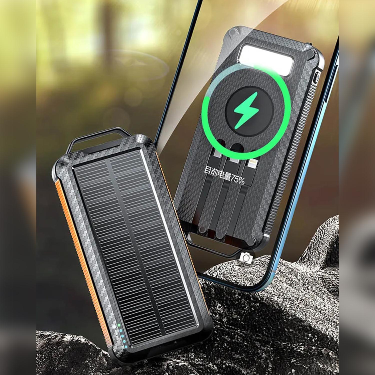 Powerbank solar de 10.000mAh con carga inalámbrica de 5W, cablés incorporado USB-C, Lightning y Micro USB. Linterna led incorporada.