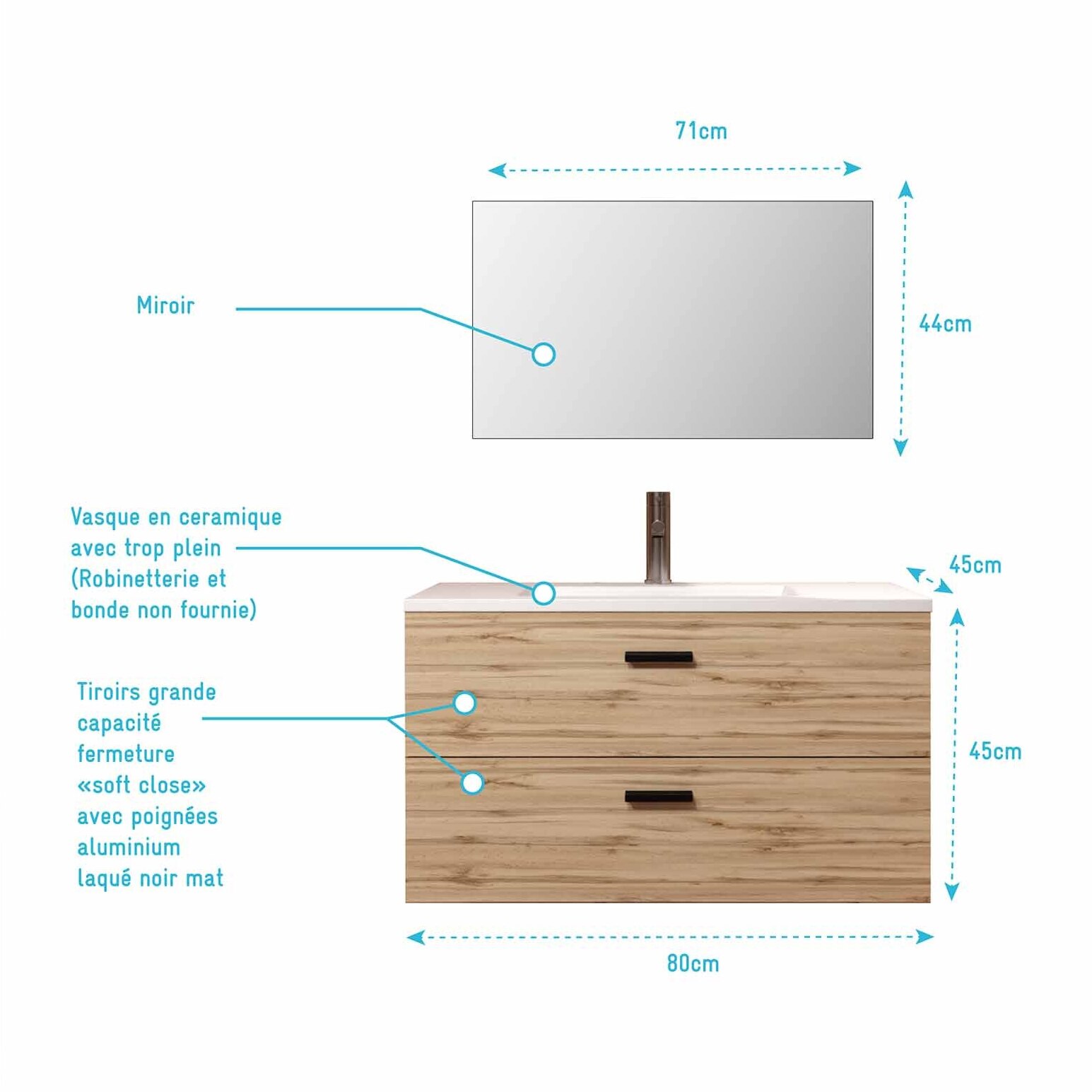 Meuble salle de bain 80cm suspendu 2 tiroirs Décor Bois avec vasque et miroir - BOX-IN