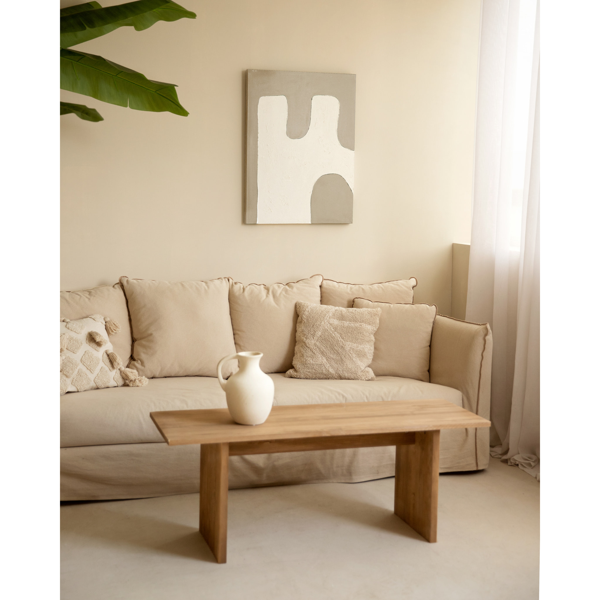 Tableau beige et blanc décoratif sur coton avec cadre en bois peint à la main à la peinture à l'huile en différentes tailles