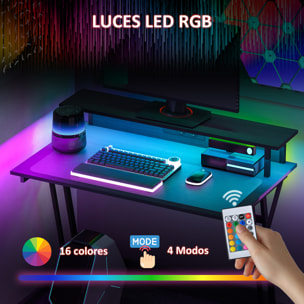 Mesa Gaming con Luces LED, 100x60 cm, Escritorio Gaming, Mesa Gamer con Tomas de Corriente, Soporte para Monitor, Estantes y Control Remoto, para Oficina, Estudio, Negro