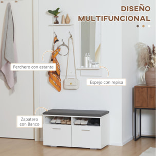 Conjunto de Recibidor con Espejo Perchero y Zapatero Mueble de Entrada con 2 Puertas 3 Ganchos y Estantes para 8 Pares de Zapatos para Pasillo 80x36x47 cm 30x11,5x80 cm Blanco