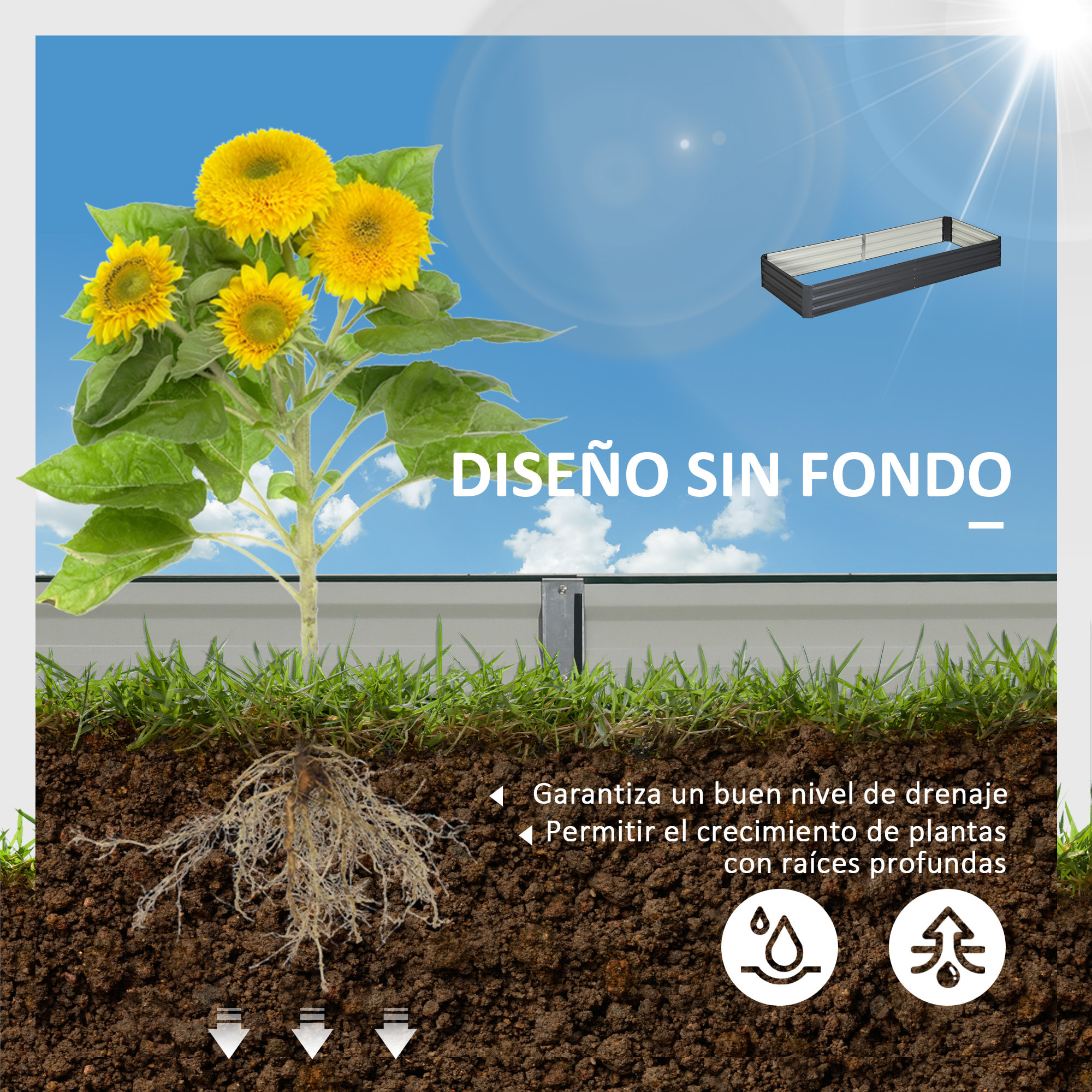 Jardinera Elevada de Acero Galvanizado Huerto Urbano para Cultivar Plantas Flores Hierba Macetero Grande Exterior Rectangular con Fondo Abierto 241x90,5x30 cm Gris