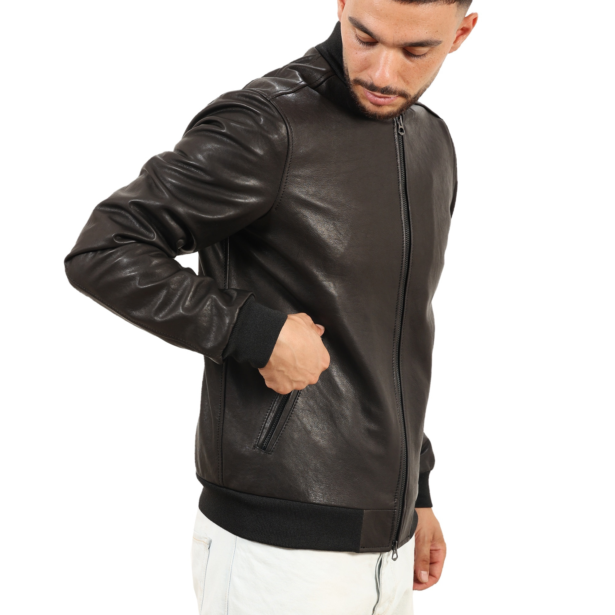 Giubbino in vera pelle di vitello rifinizione vegetale Nero -Slim Fit