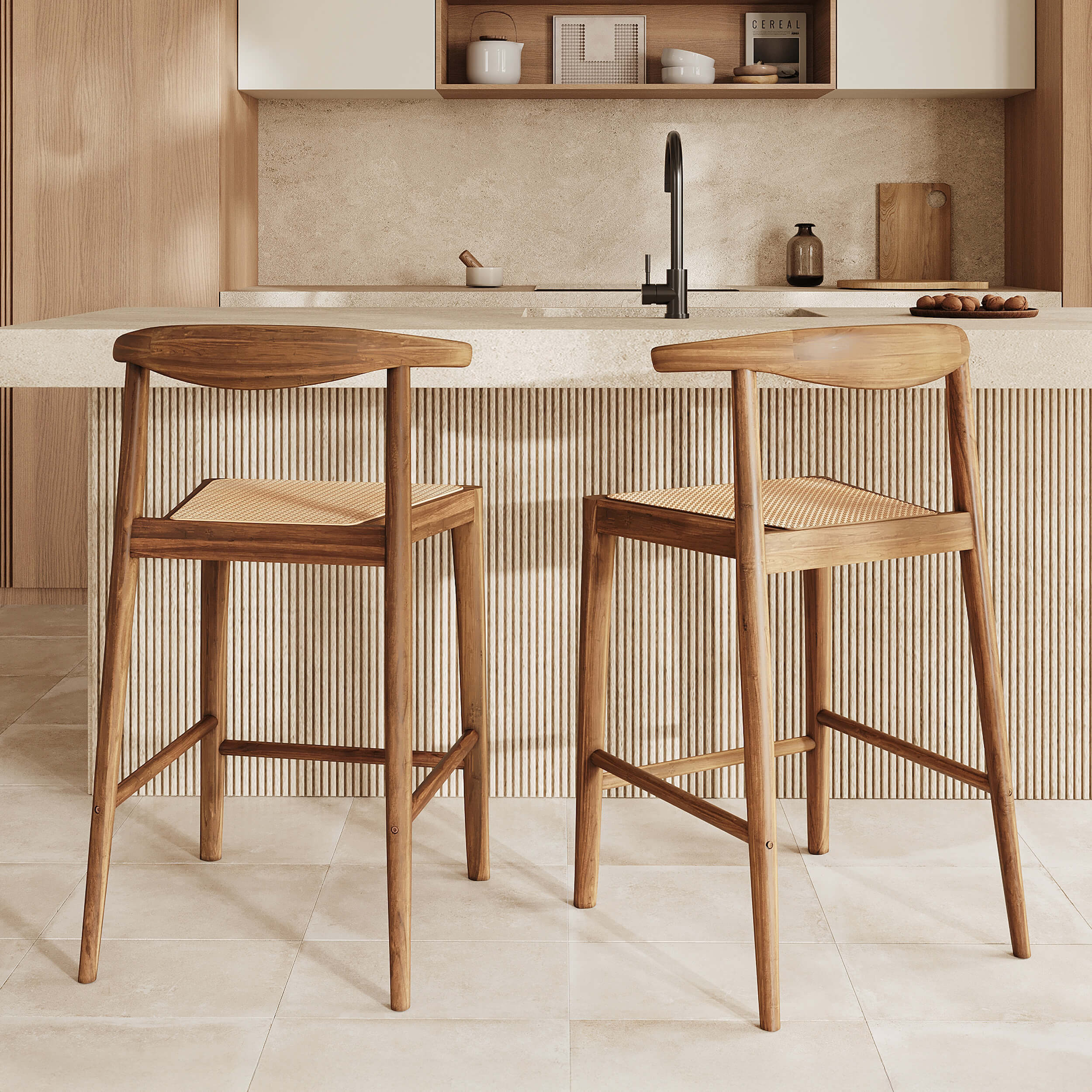 Lot de 2 chaises pour îlot central 64 cm en teck vernis et cannage - Alia