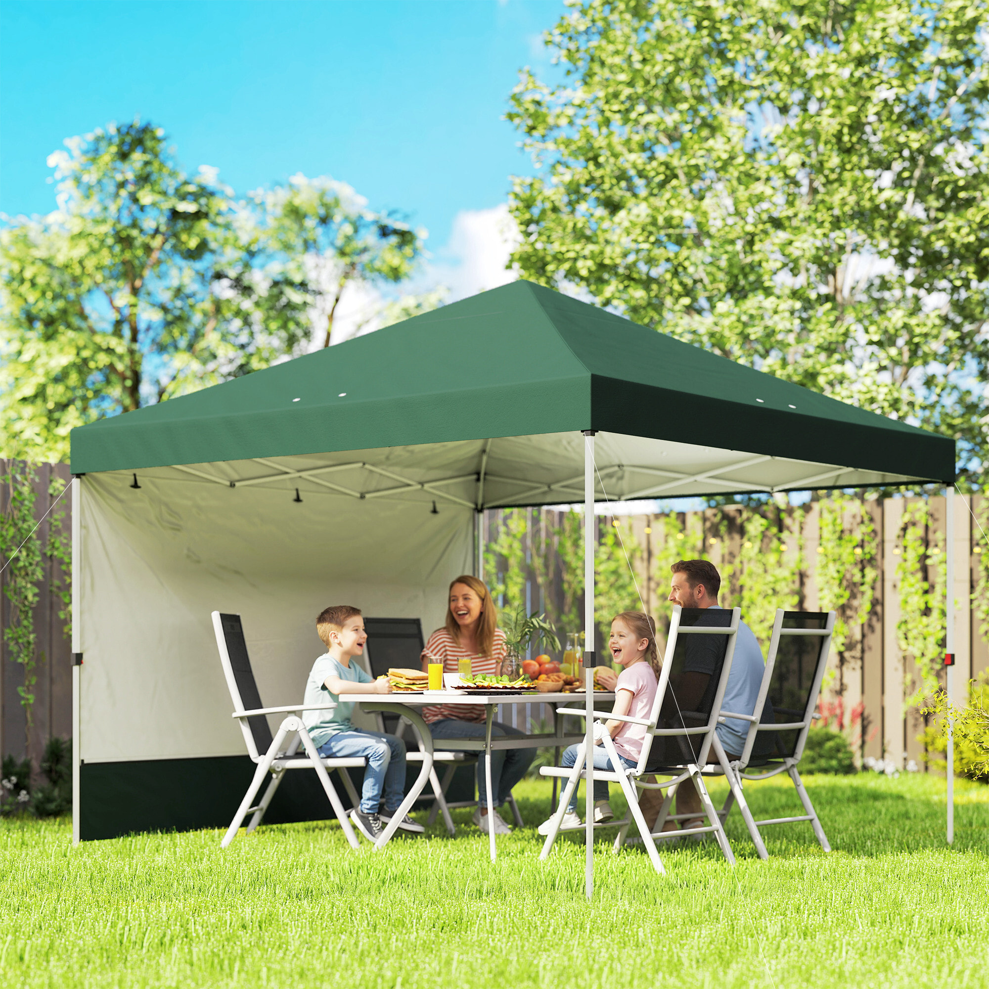 Carpa Plegable 3x3 m, Pop-up, con Pared Lateral, Cenador de Jardín con Protección UPF50+, Empuje Central, Altura Ajustable, Bolsa de Transporte, Gazebo para Camping, Exterior, Verde