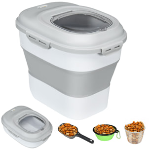 Contenedor de Comida para Perros Plegable 25L Contenedor de Pienso con Ruedas Taza Medidora Cuenco Plegable y Cuchara Contenedor de Comida para Mascotas Gatos Gris