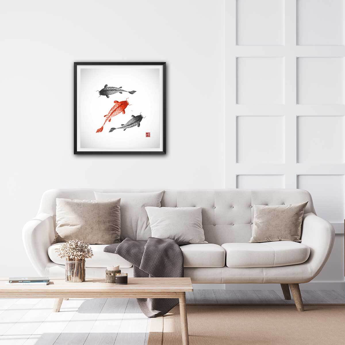 Affiche dessin carpes koï Affiche sous cadre noir