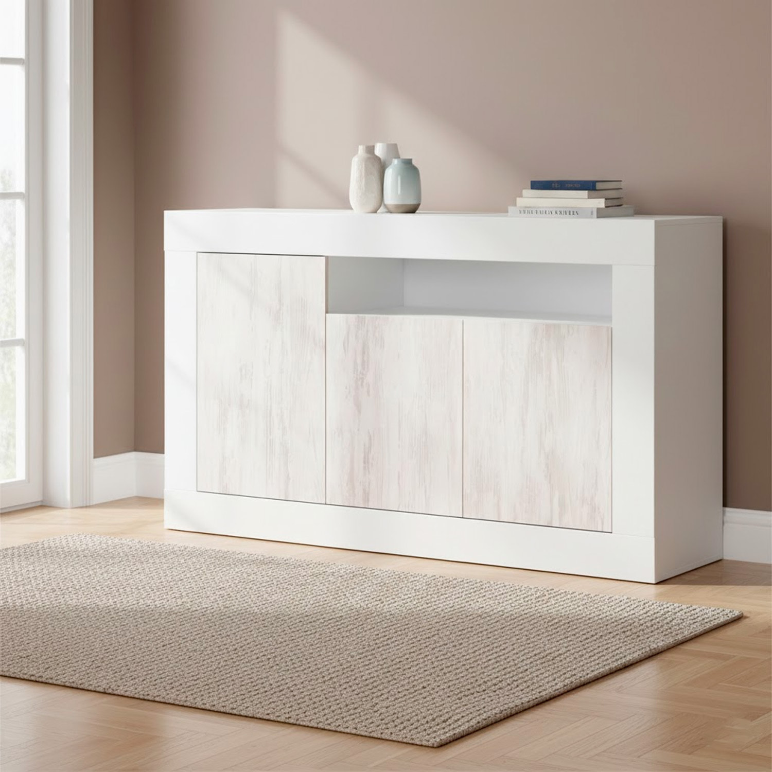 Credenza Moderna Madia A Terra Con 3 Ante Vano A Giorno E Ripiani Interni Mobile Contenitore Antigraffio 144x42x87 Cm Bianco Anticato e Bianco