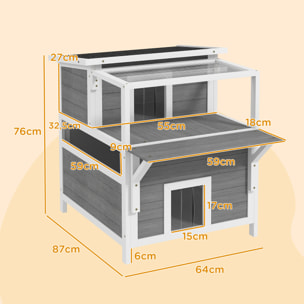 para Gatos de Madera 64x87x76 cm Casa para Gatos de 2 Niveles Refugio para Gatos con Techo Asfáltico Ventana y Puerta con Cortina para Interior y Exterior Gris Claro