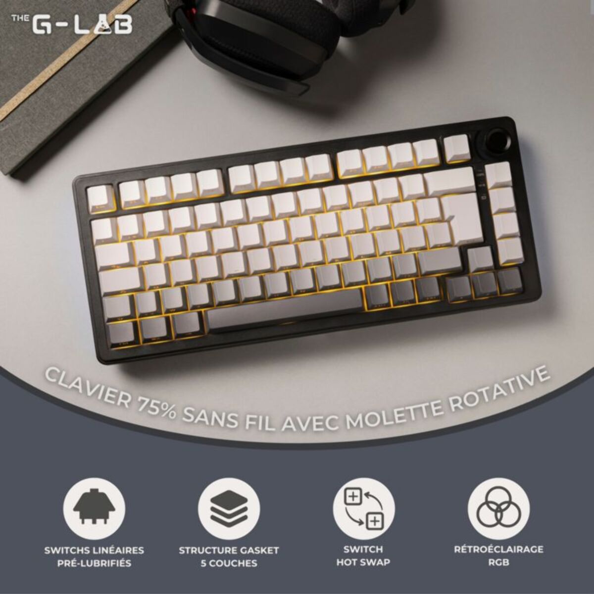 Clavier gamer sans fil THE G-LAB Keyz Elite 300 RGB Triple Mode Gris