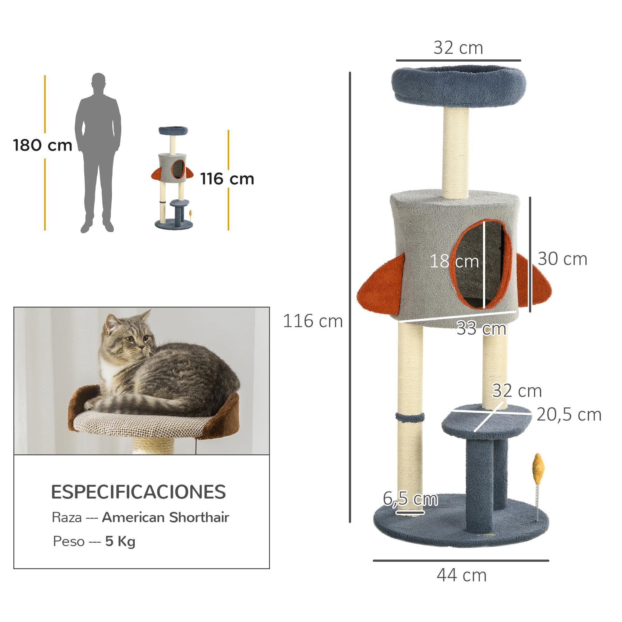 Árbol Rascador para Gatos de 116 cm Tipo de Cohete Torre para Gatos Interior con Postes para Rascar Cama Cueva y Juguete Estrella Ø44x116 cm Azul