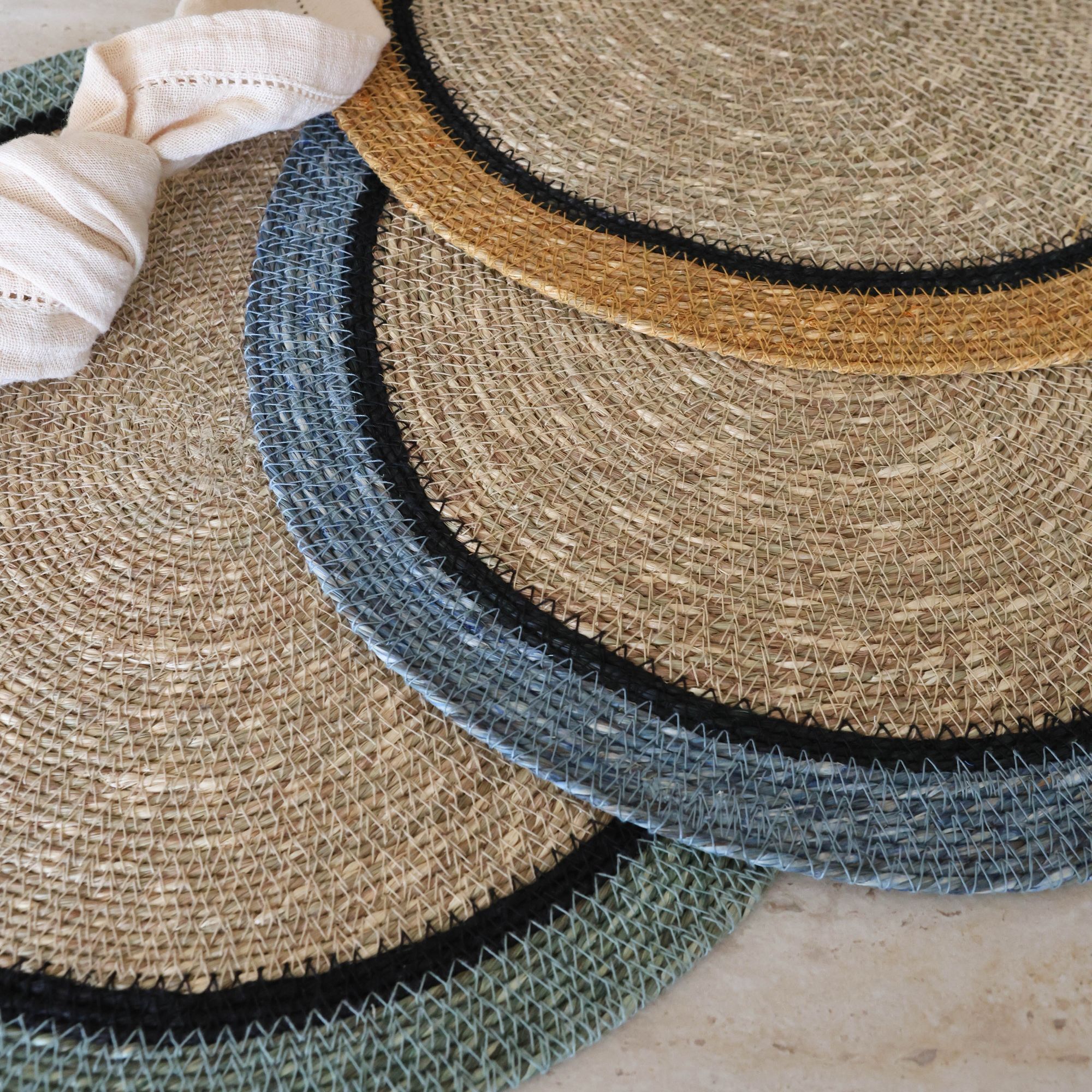 Lot de 6 sets de table en jonc de mer naturel et bleu d38cm IRIS
