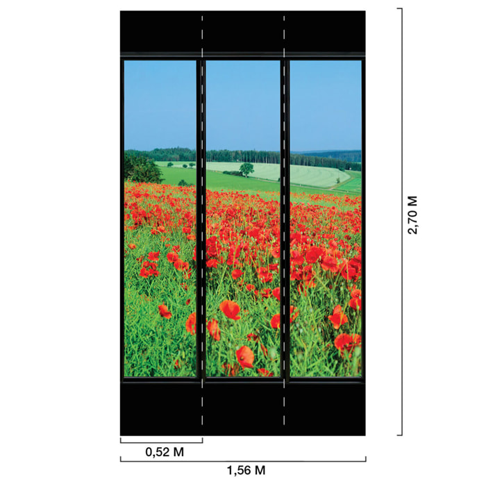 Papier peint, fenêtre sur coquelicots Vert