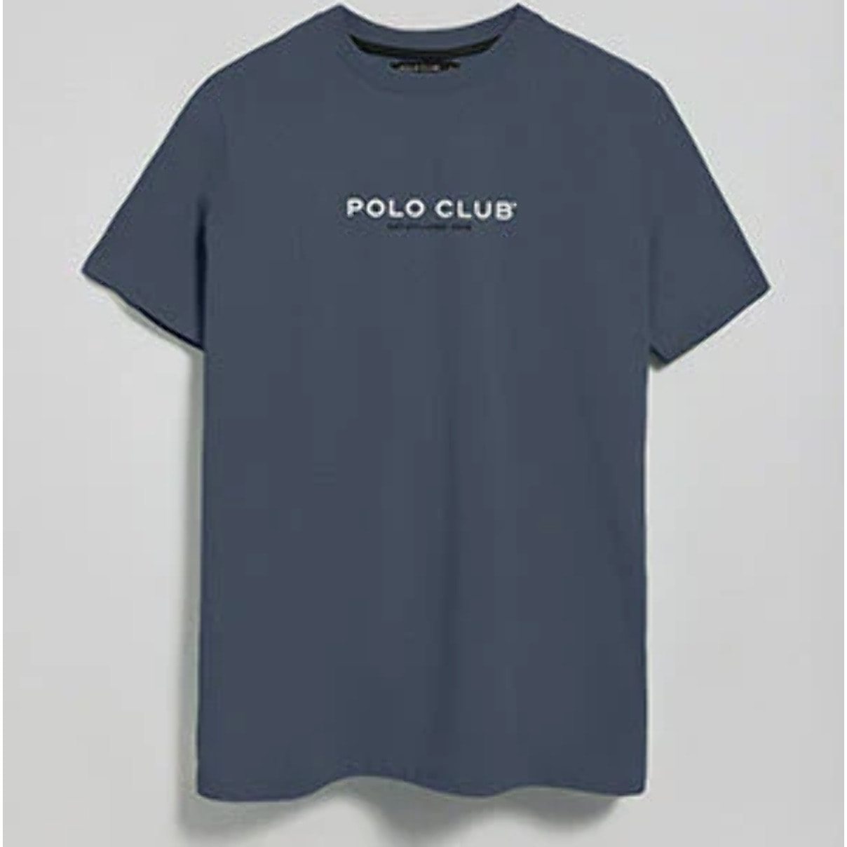 Maglietta blu denim con scollo rotondo e logo gommato