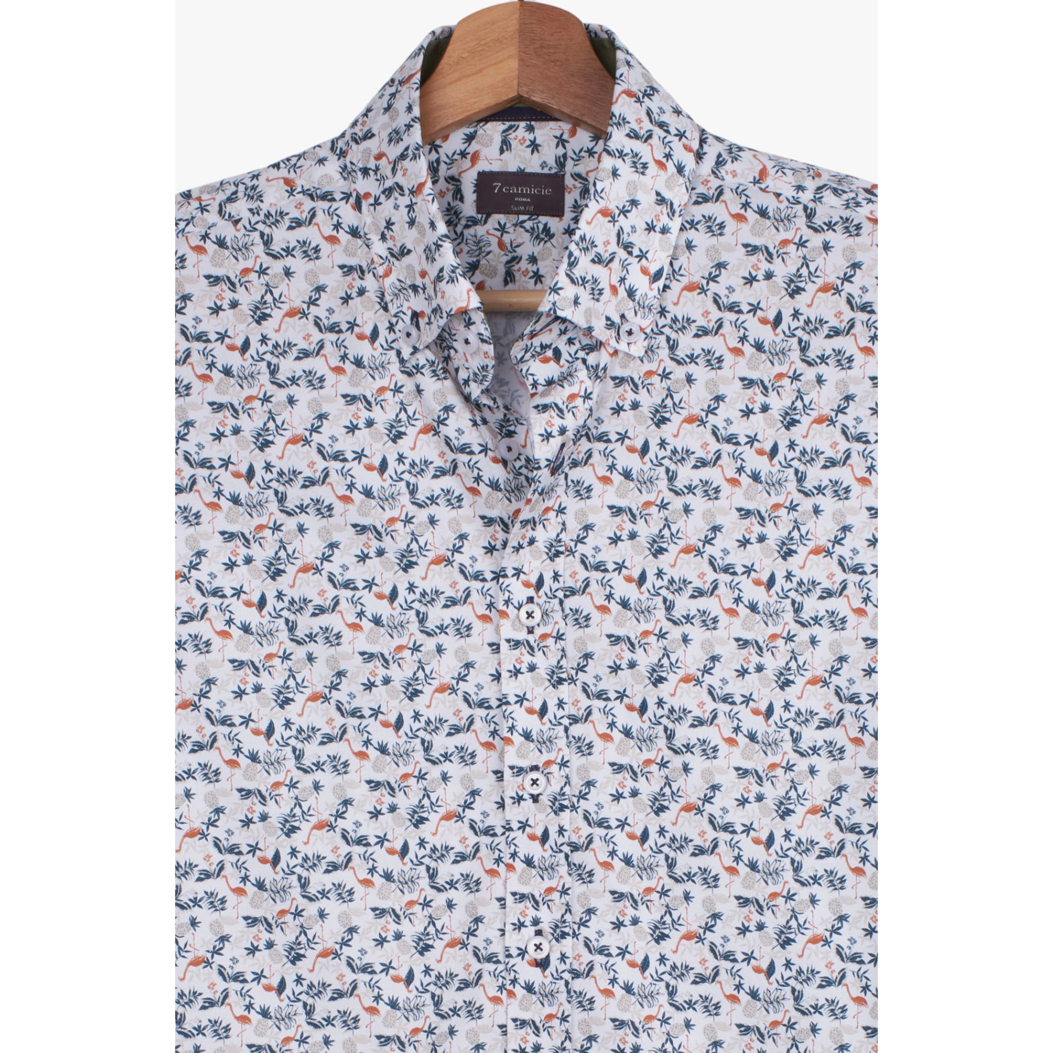 camicia uomo 1 bottone button down slim Popeline Stampato BIANCO E VERDE SCURO