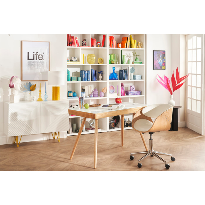 Chaise de bureau à roulettes design en tissu effet velours texturé beige, bois clair et acier chromé BENT