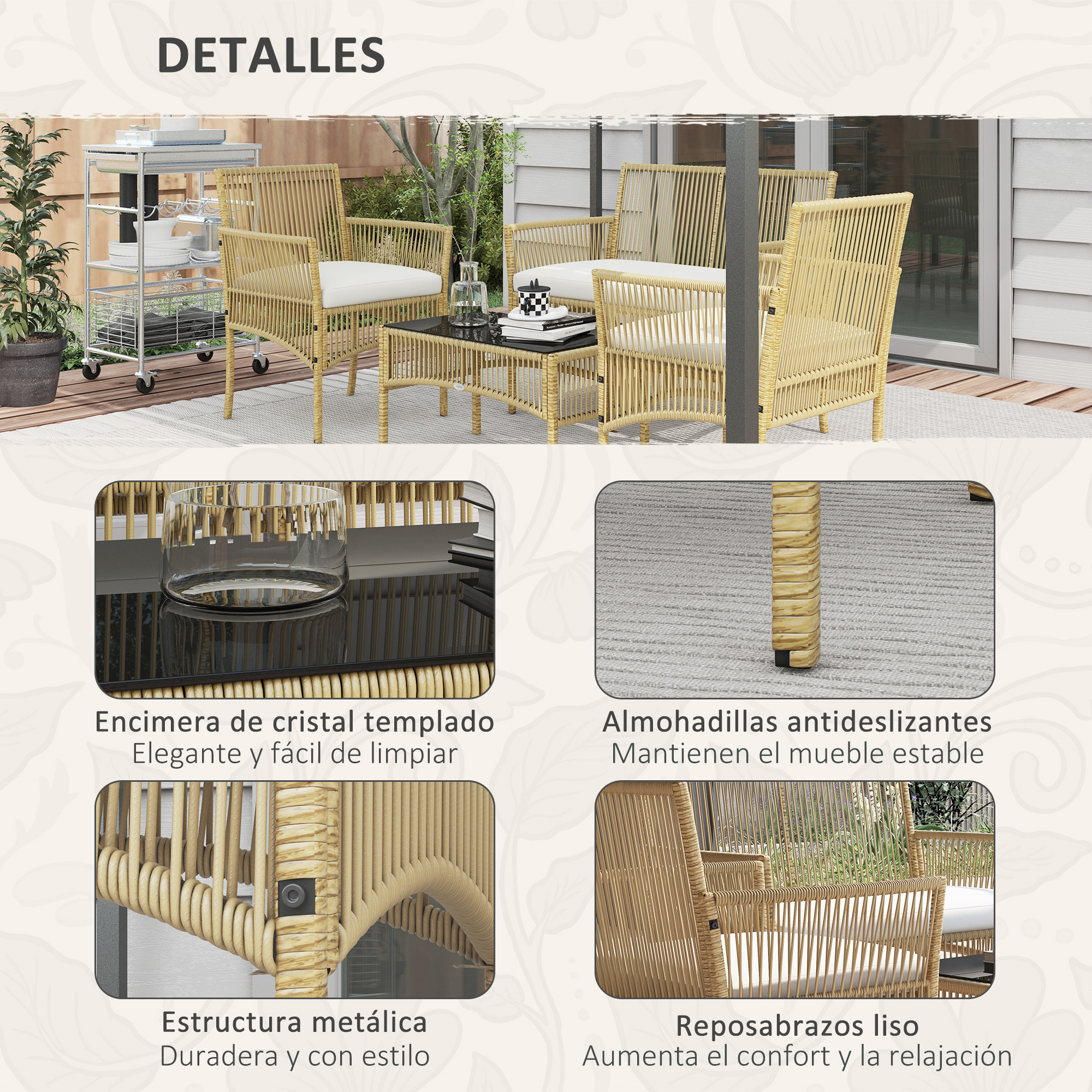 Conjunto de Muebles de Jardín de Ratán Juego de 4 Piezas Muebles de Terraza con 1 Sofá de 2 Plazas 2 Sillones Cojines y 1 Mesa de Centro de Tablero de Vidrio para Patio Natural y Beige