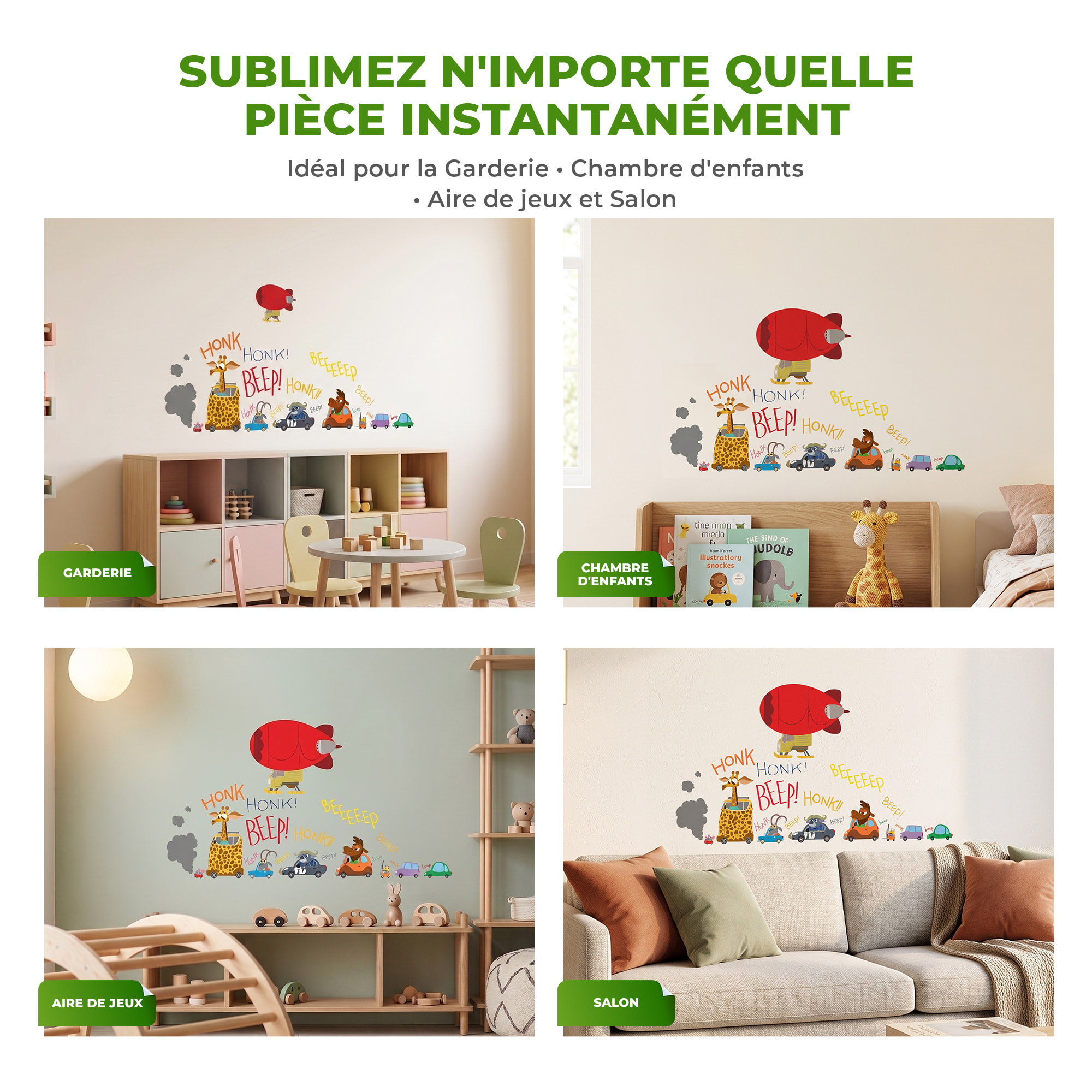 Stickers Muraux décoration adhésifs embouteillage et dirigeable avec animaux rigolos