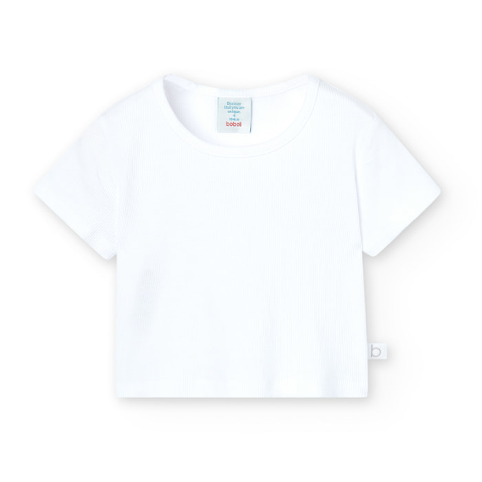 Camiseta niÃ±a, canalÃ© lisa, mangas cortas, blanco