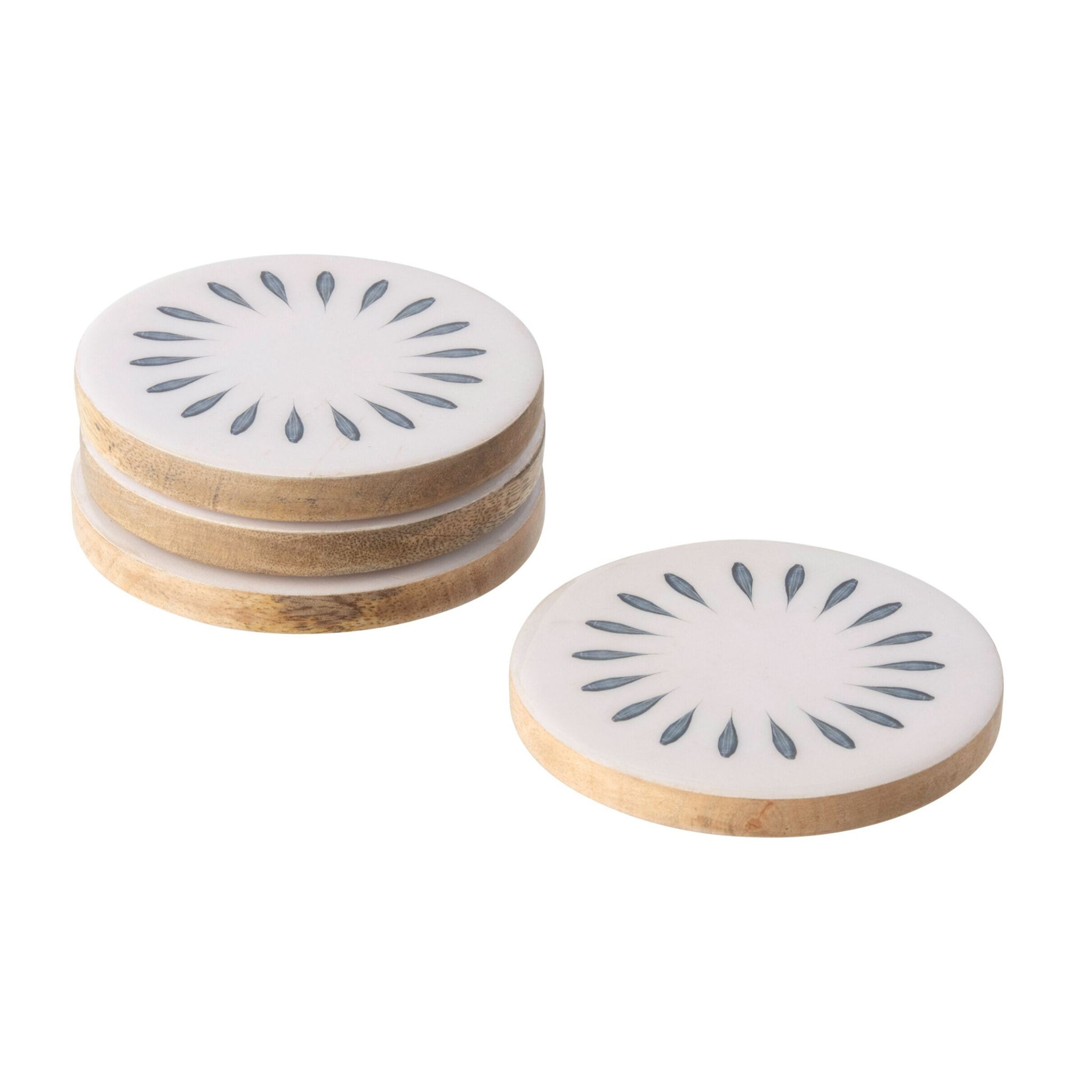 J-Line Dessous de verre Rond - bois - bleu foncé/blanc - set de 4