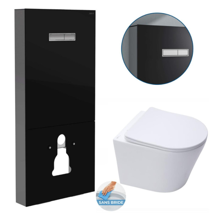Pack Bâti support en verre trempé/aluminium brossé avec plaque intégrée, Noir brillant + WC sans bride SAT + Abattant softclose