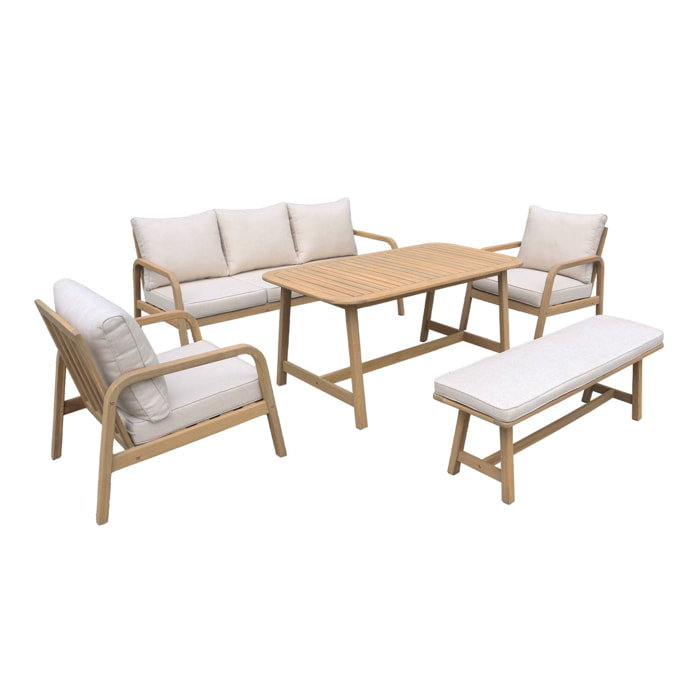 Salon de jardin 7 places CARNOTA DINING en bois d'acacia. table rectangulaire. coussins beige