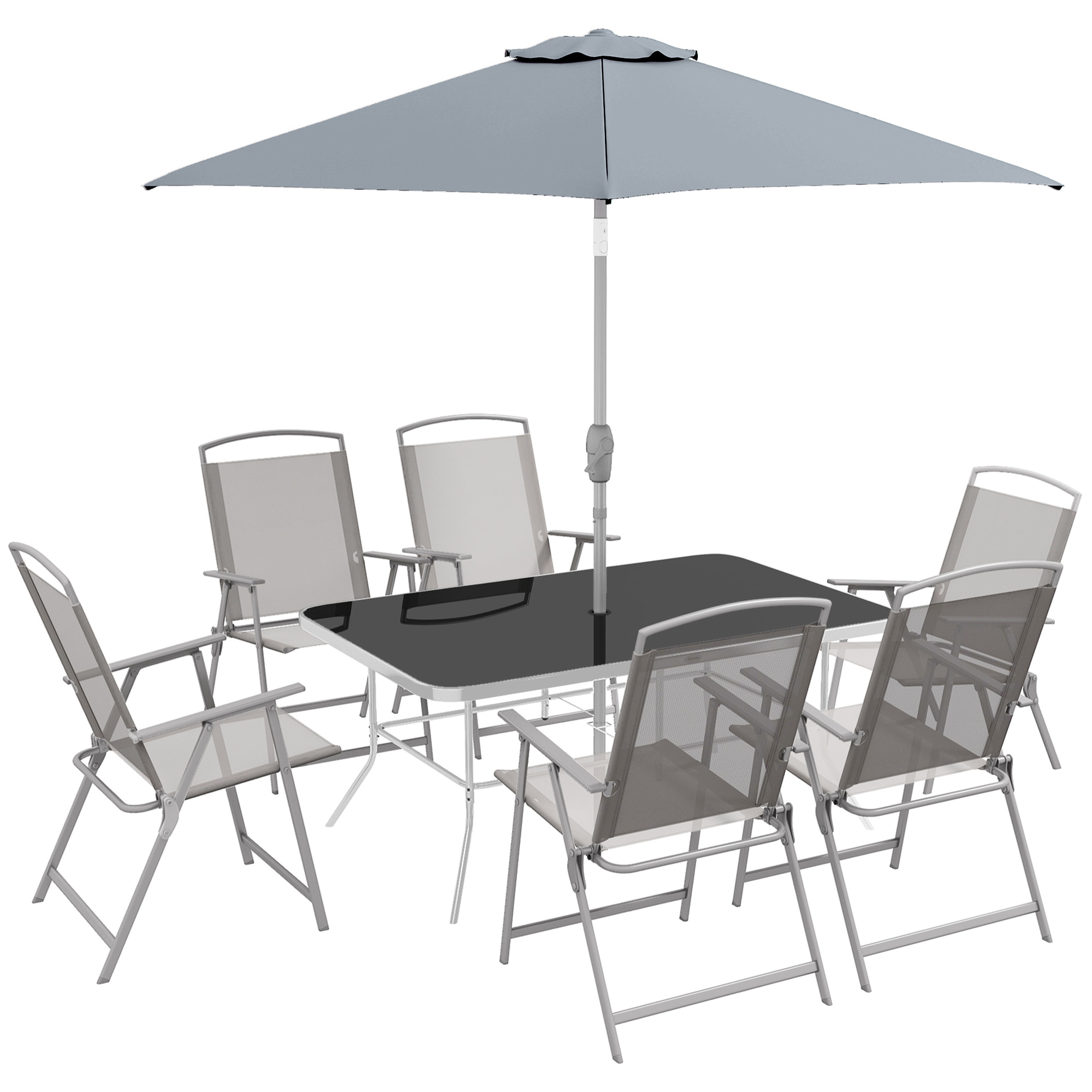 Ensemble salon de jardin 6 places 8 pièces - parasol, table, 6 chaises pliantes - métal époxy textilène polyester gris