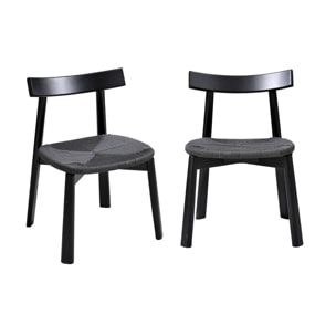 Lot de 2 chaises scandinaves en bois d'hévéa noir et assise en corde noire