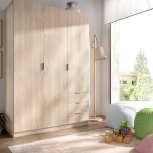 Guardaroba Cimone, Mobile appendiabiti per camera da letto, Armadio a 3 ante battenti e 3 cassetti, 121x52h184 cm, Rovere