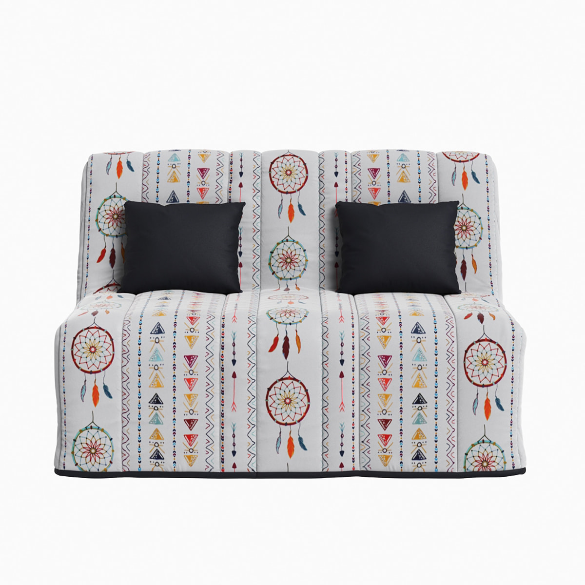 Banquette convertible Gaia, matelas Simmons, 160 x 200 cm, 2 coussins offerts, Blanc à motifs