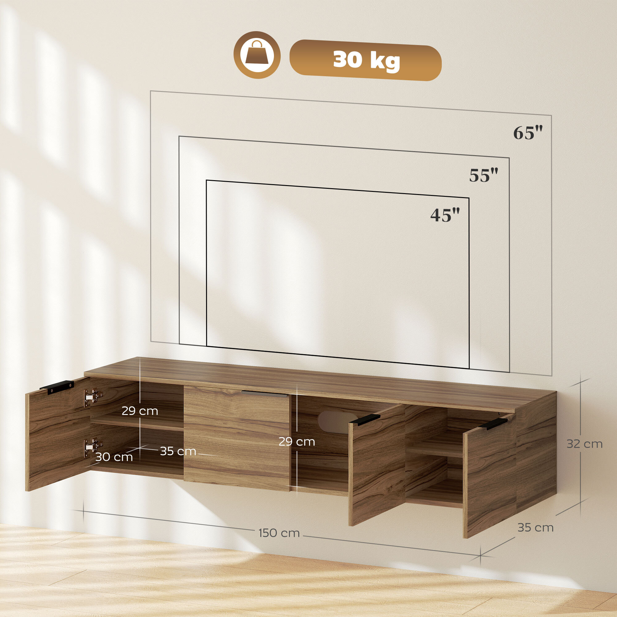 Meuble TV suspendu flottant design effet bois de noyer 4 portes 2 étagères dim. 150 x 35 x 32 cm