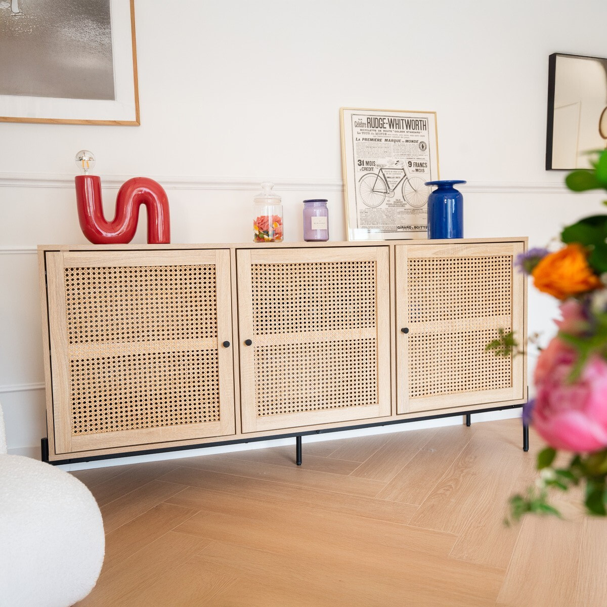 Buffet 3 portes en cannage et effet chêne - IRIS