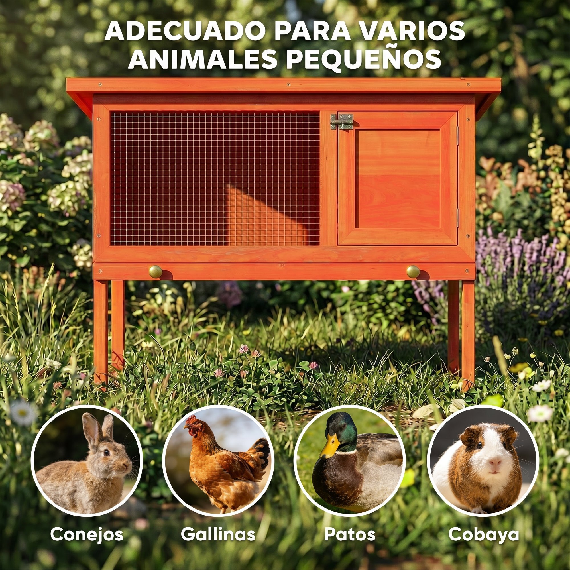 Conejera de Madera, Jaula para Conejos Medianos con Techo Asfáltico Abatible, Bandeja Extraíble, Puerta con Pestillo, Conejera Elevada Exterior, para Cobayas y Chinchillas, 90x45x65 cm, Naranja