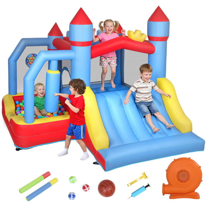Castillo Hinchable para Niños con Soplador, Castillo Hinchable con Tobogán, Trampolín, Piscina, Pilar de Boxeo y Aro de Baloncesto, para Niños 3-8 Años, Interior y Exterior, 277x270x215 cm