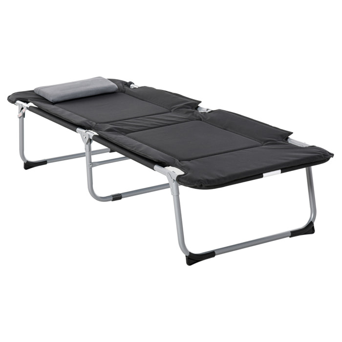 Lit de camp pliable avec matelas grand confort - oreiller amovible, antidérapant - métal polyester noir