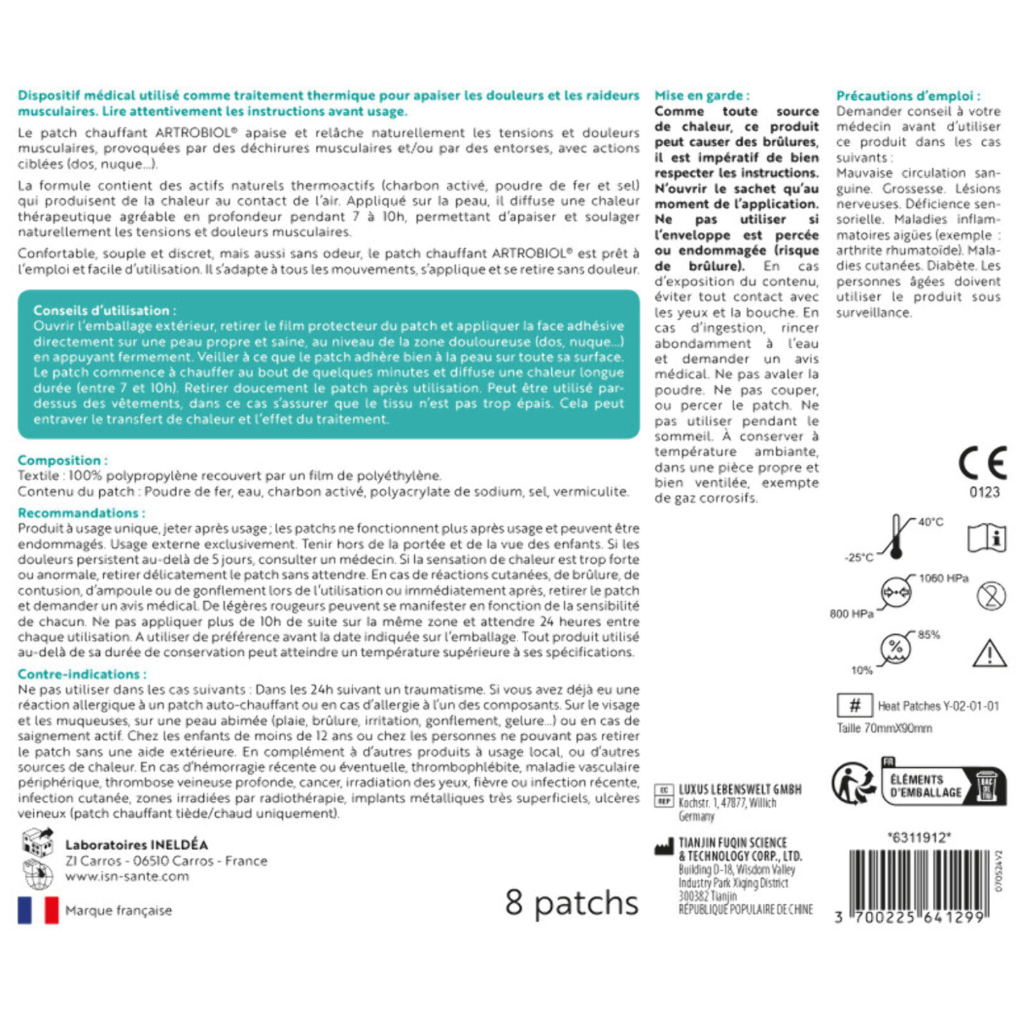 ISN - Artrobiol Patchs Chauffants - Aide à soulager les douleurs et tensions musculaires - Agents thermoactifs - Action chauffante 8h - Dispositif Médical - Etui 8 patchs