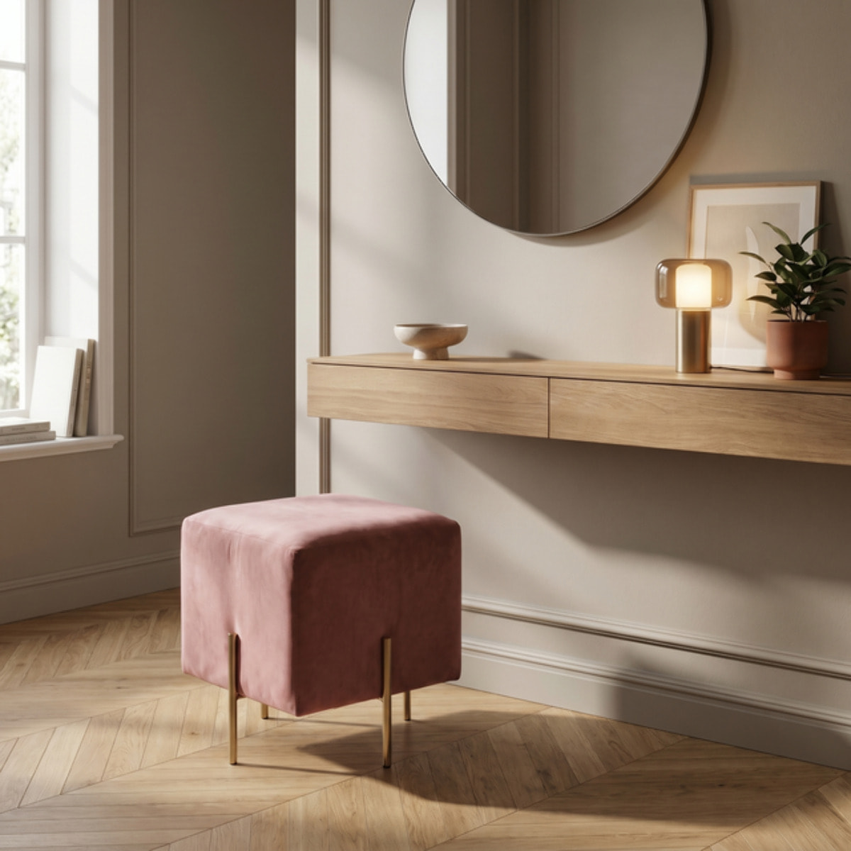 Pouf Quadrato in Velluto con Gambe in Acciaio Dorate, Seduta Imbottita Elegante dallo Stile Contemporaneo per Soggiorno, Camera da Letto e Ingresso