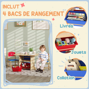 Ensemble table et chaises enfant - 4 bacs de rangement inclus - MDF bois pin clair rouge bleu